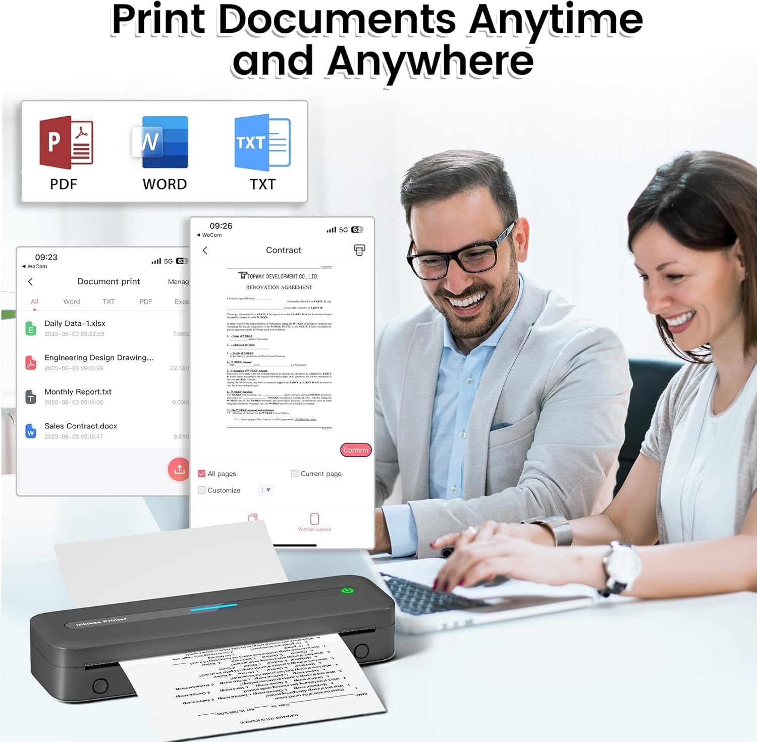 Portable A4 Thermal Printer 300DPI Inkless Bluetooth USB