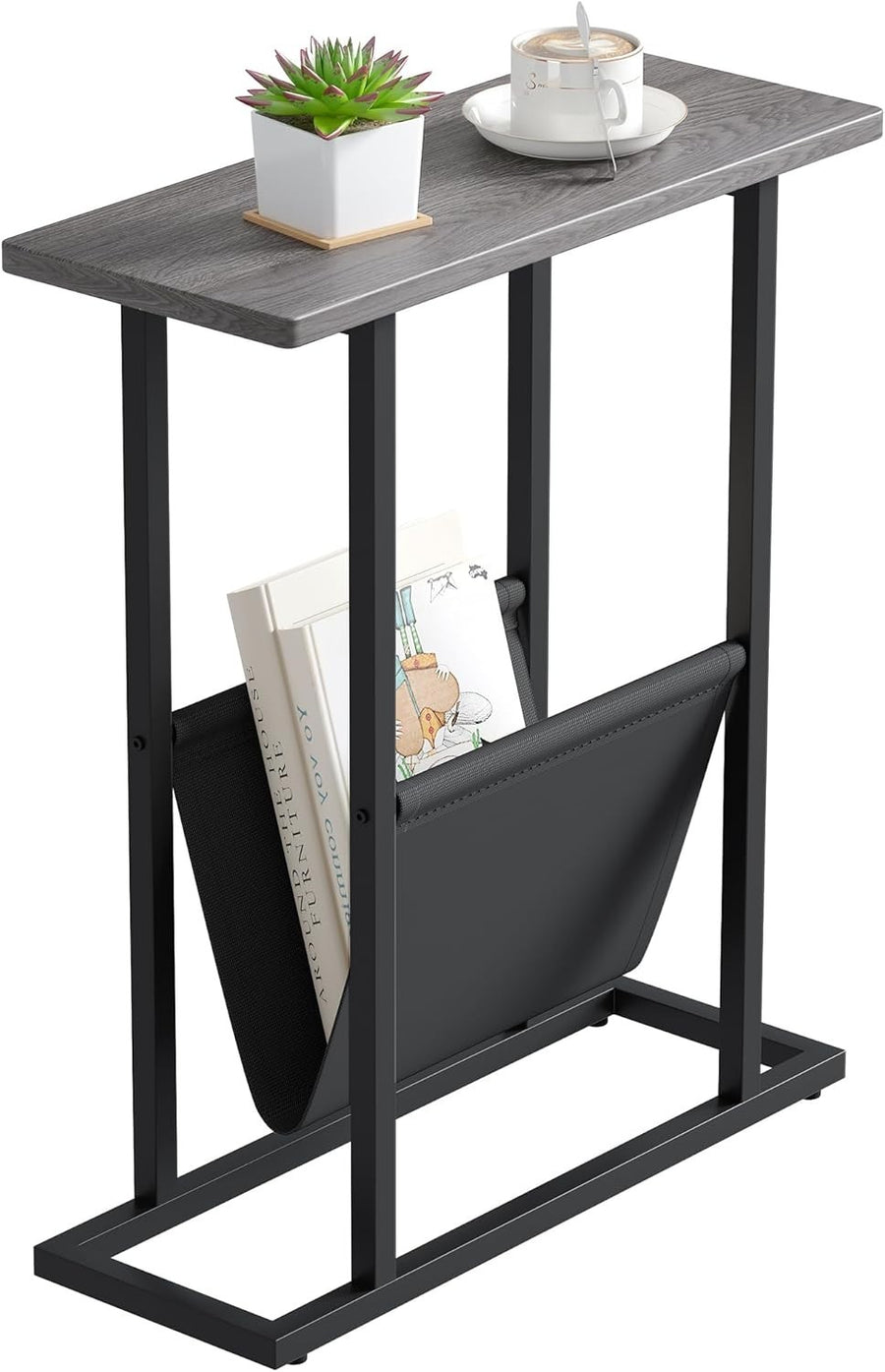 Slim Grey Side Table with Storage Bag – Narrow End Table for Sofa/Bed