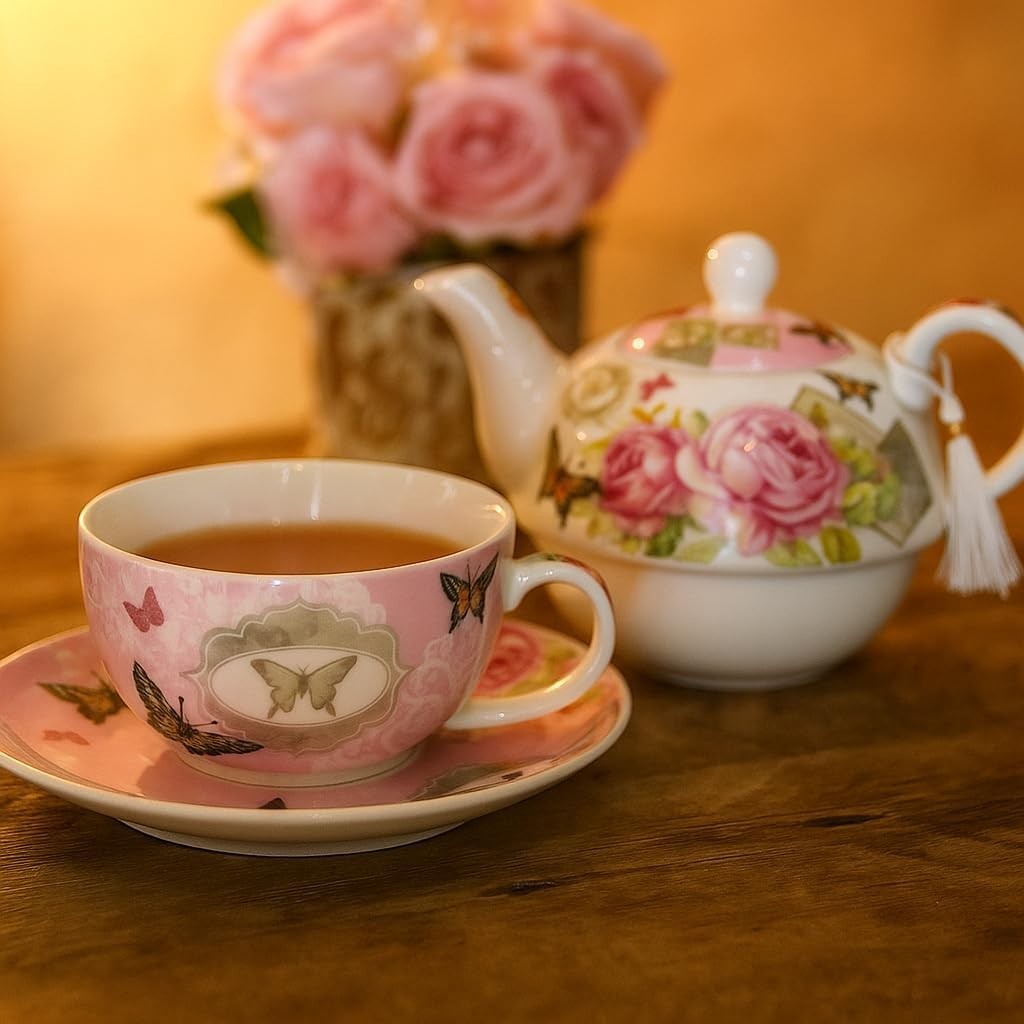 Tea for One Teapot Cup Saucer Set Vintage Rose Floral Gift Box Pink