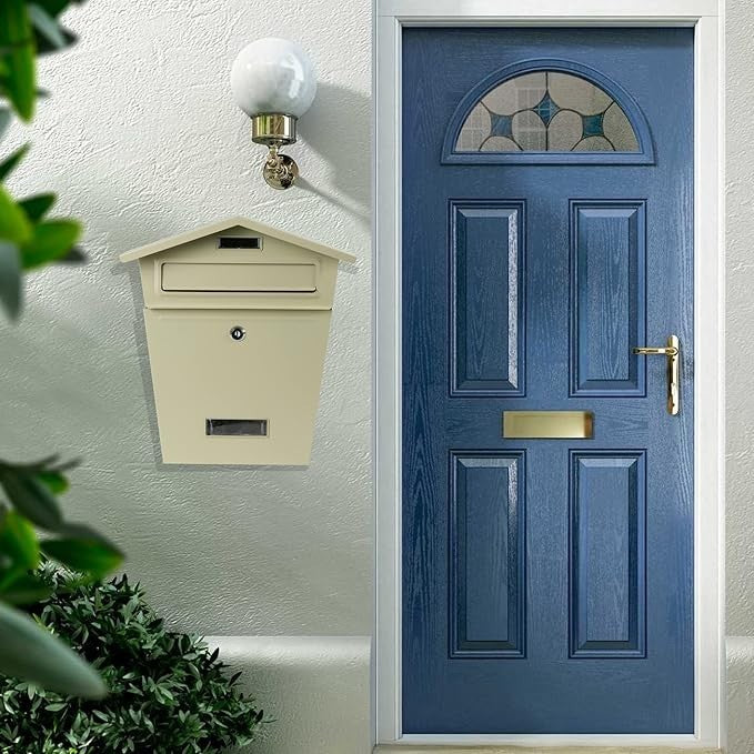 Wall Mounted Lockable Mailbox Beige | Waterproof Steel Post Box | Letter Holder