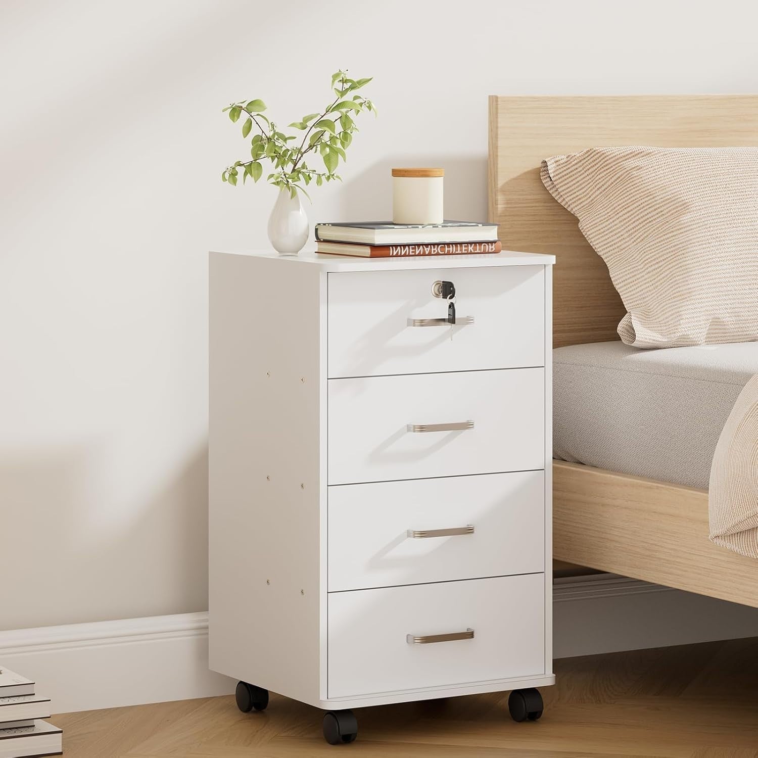 Mobile 4 Drawer File Cabinet Lockable Under Desk A4 Letter White