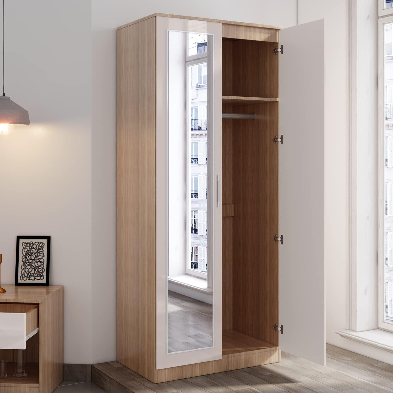 2 Door Mirrored Wardrobe with Rail & Storage High Gloss Cream Oak 180cm