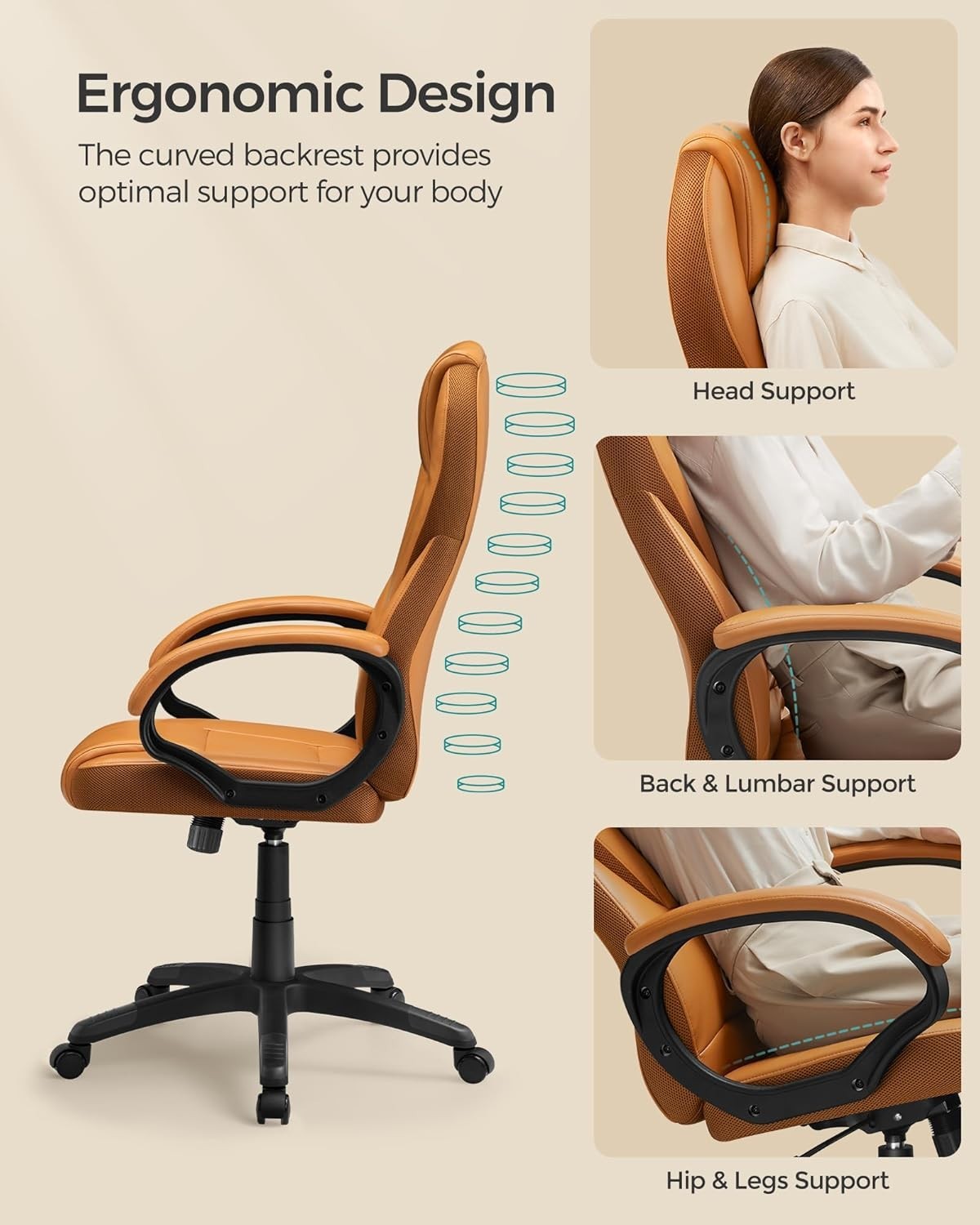 Ergonomic Office Chair Faux Leather Swivel Desk Seat Adjustable Height Brown