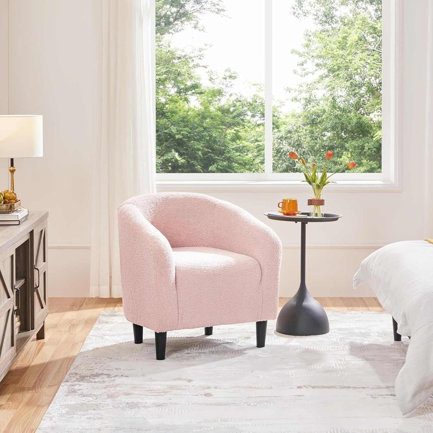Pink Boucle Accent Tub Chair | Cozy Armchair for Bedroom, Living Room, Café