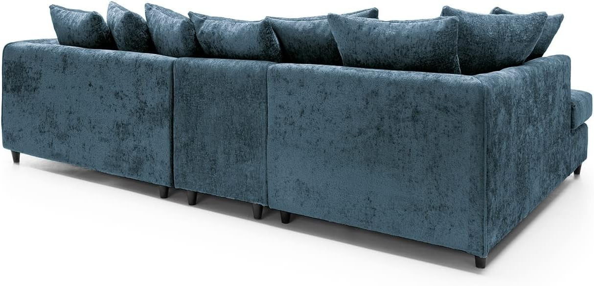 Large Dark Blue Chenille Corner Sofa – Modern L Shape 5 Seater Couch w/ Covers