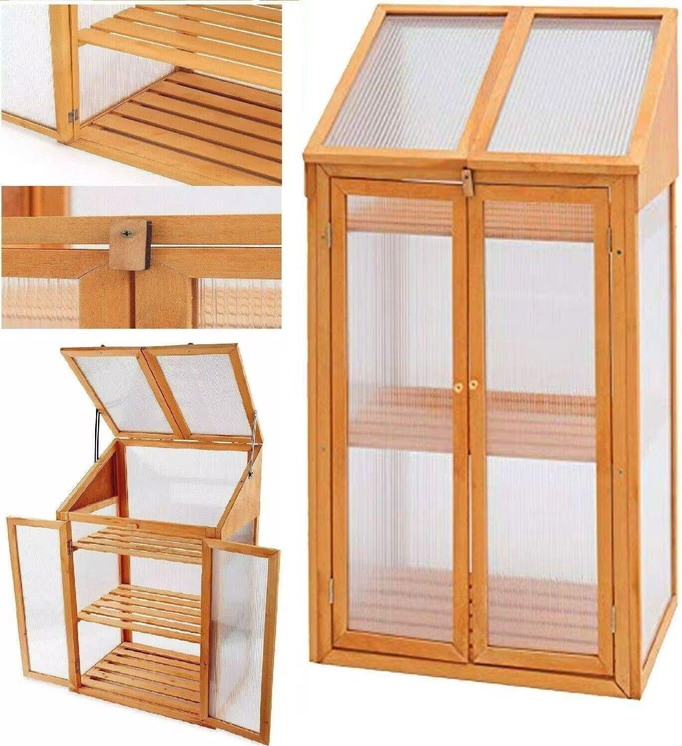 Premium Wooden Mini Greenhouse 3-Tier Cold Frame UV-Proof Adjustable Roof