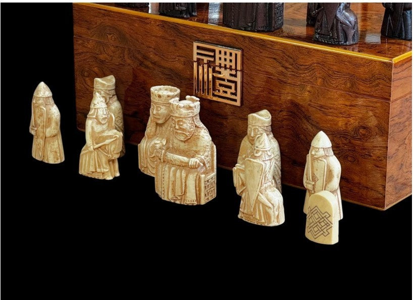 Luxury Isle of Lewis Ivory & Teak Chess Pieces in Burlwood Display Box