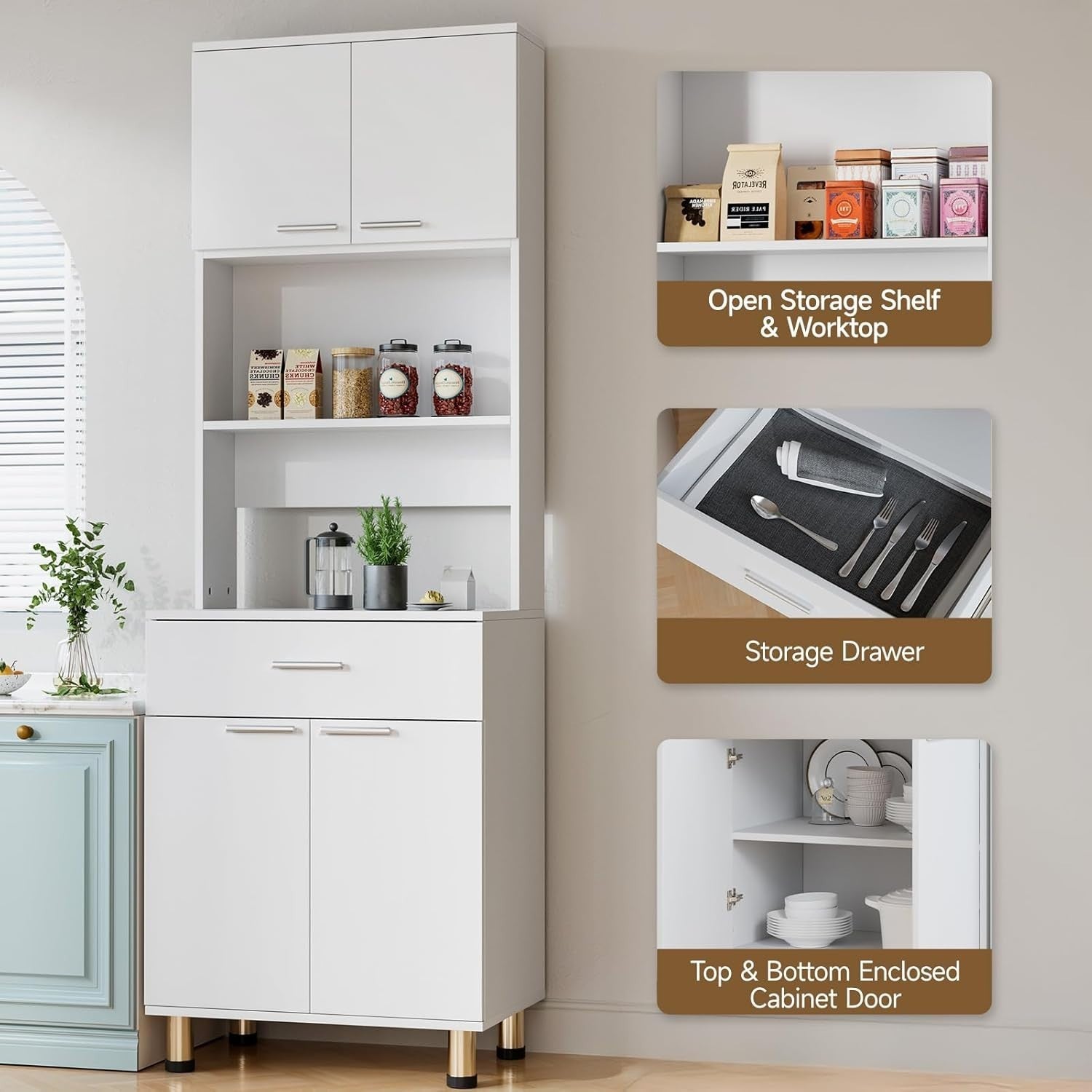 White 180cm Tall Kitchen Cupboard 2 Doors 1 Drawer Storage Sideboard