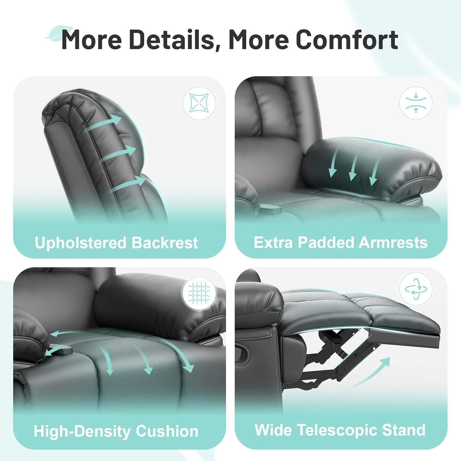 PU Grey Recliner Armchair Massage Heat Sofa Chair Adjustable Backrest Legrest