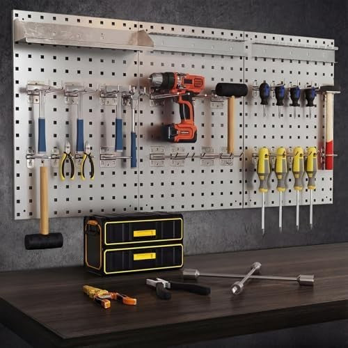 Silver Wall-Mounted Pegboard 120x60cm 28-Piece Tool Organizer Kit