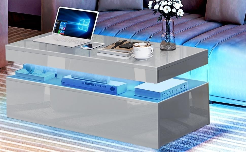 Grey High Gloss Coffee Table with LED Lights & 2 Drawers | 94cm Storage