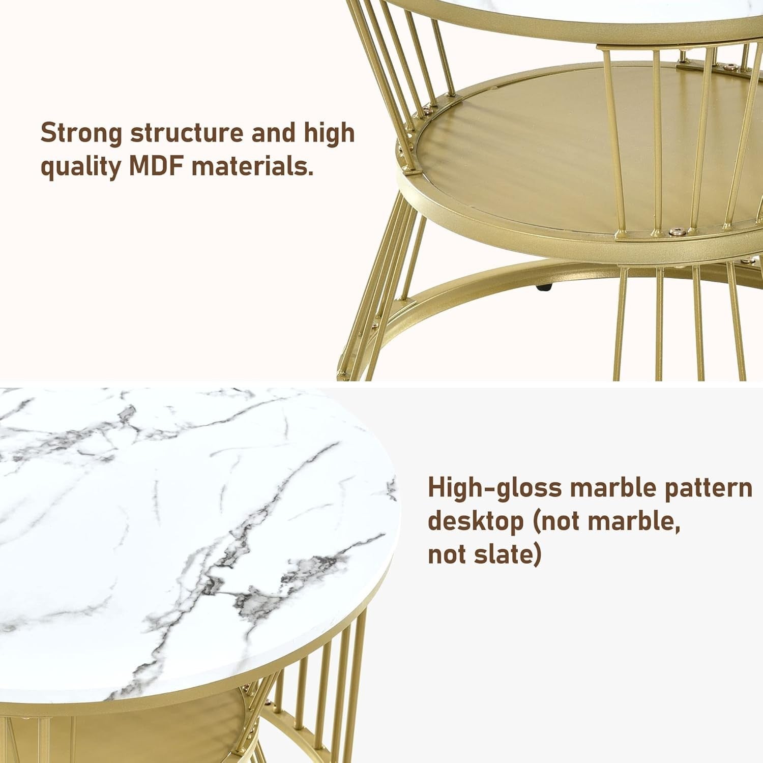 ModernLuxe Round Coffee Table Set of 2 with Gold Frame & Marble Top 70x45cm