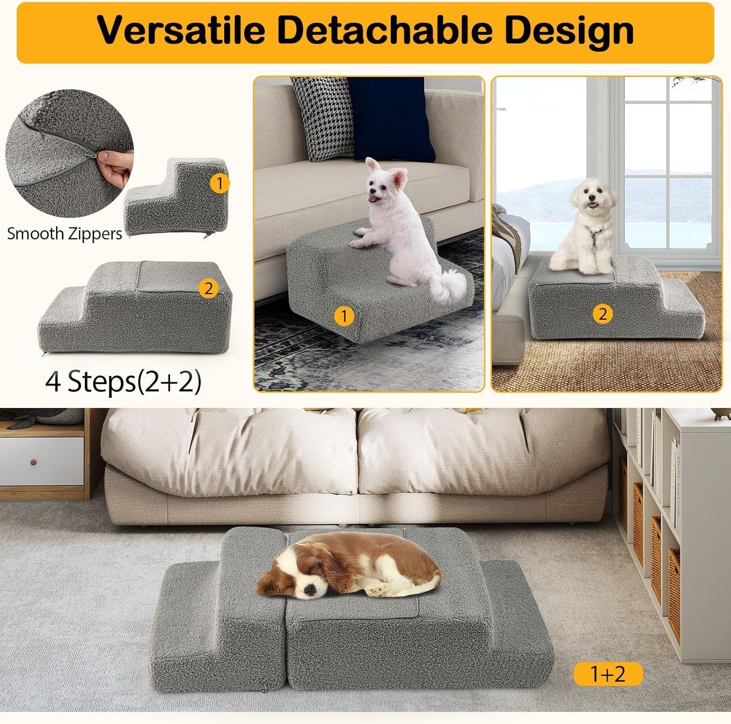 4 Step Dog Stairs Foam Ramp Non Slip Grey 63x43x60cm