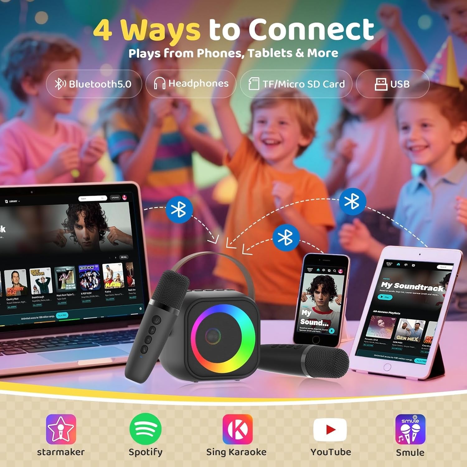 Kids Karaoke Machine 2 Mics RGB Lights Bluetooth Speaker