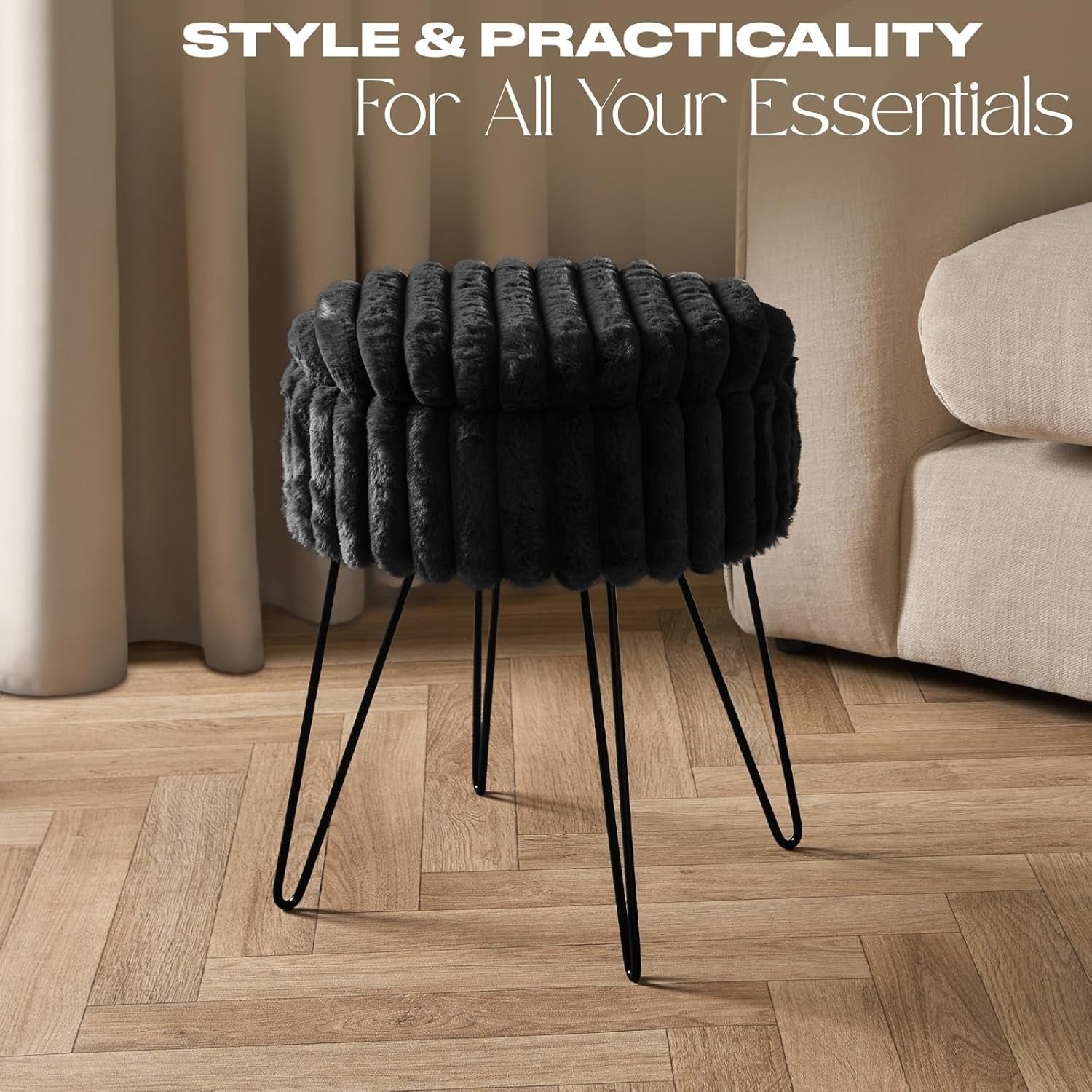 Black Faux Fur Storage Stool Round Footrest Hairpin Leg Ottoman Seat