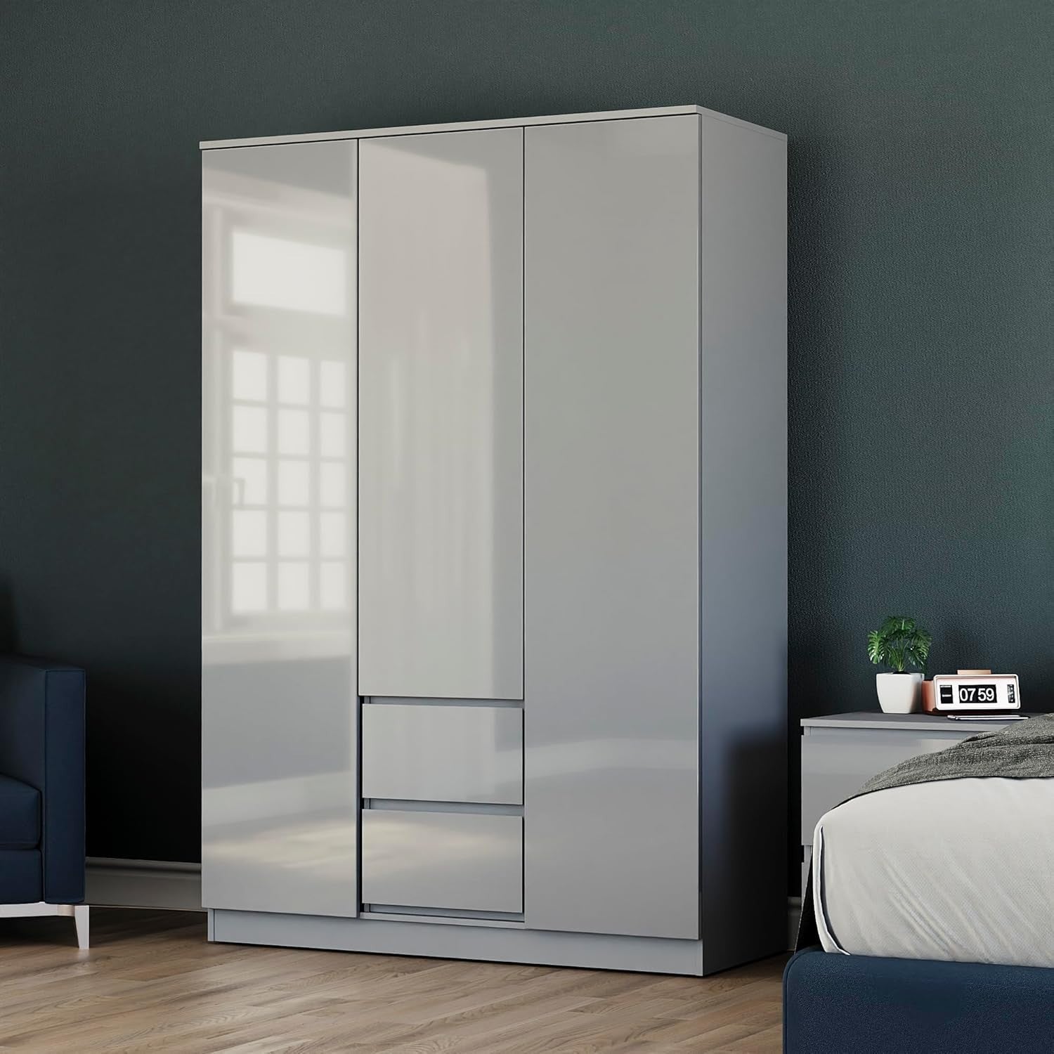 Modern 3 Door Grey Wardrobe with 2 Drawers Storage, Hanging Rail & Easy Setup