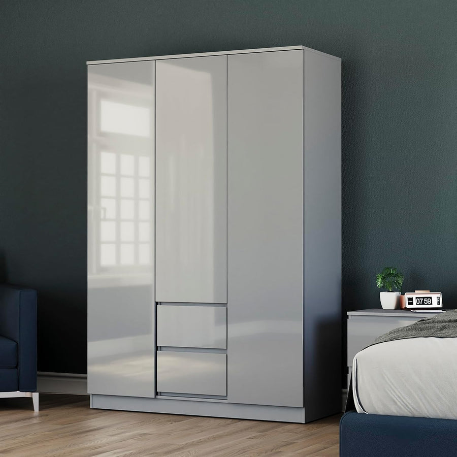 Modern 3 Door Grey Wardrobe with 2 Drawers Storage, Hanging Rail & Easy Setup