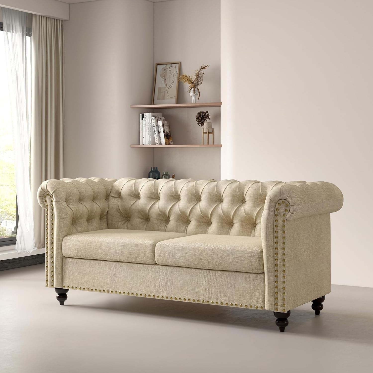 Luxury 2 Seater Chesterfield Sofa Beige Linen Couch for Lounge & Office