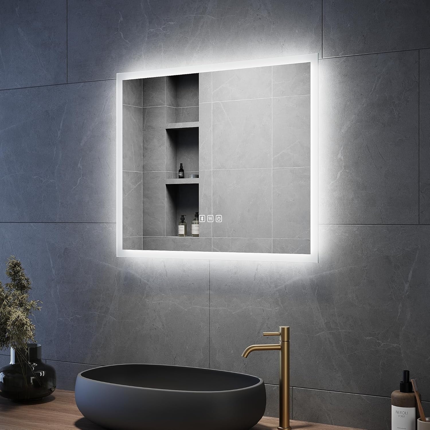 LED Bathroom Mirror Bluetooth Speaker Demister 600x500mm Wall Mounted