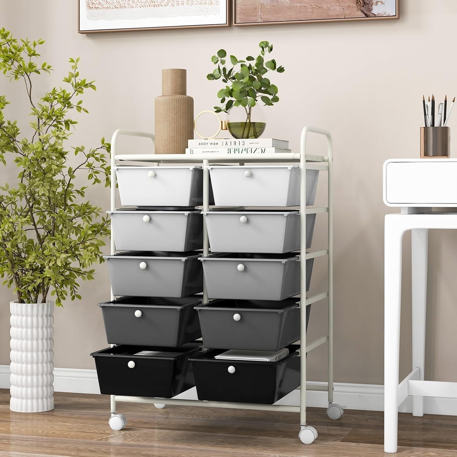 Gradient Black White 10 Drawer Rolling Storage Cart Utility Organizer