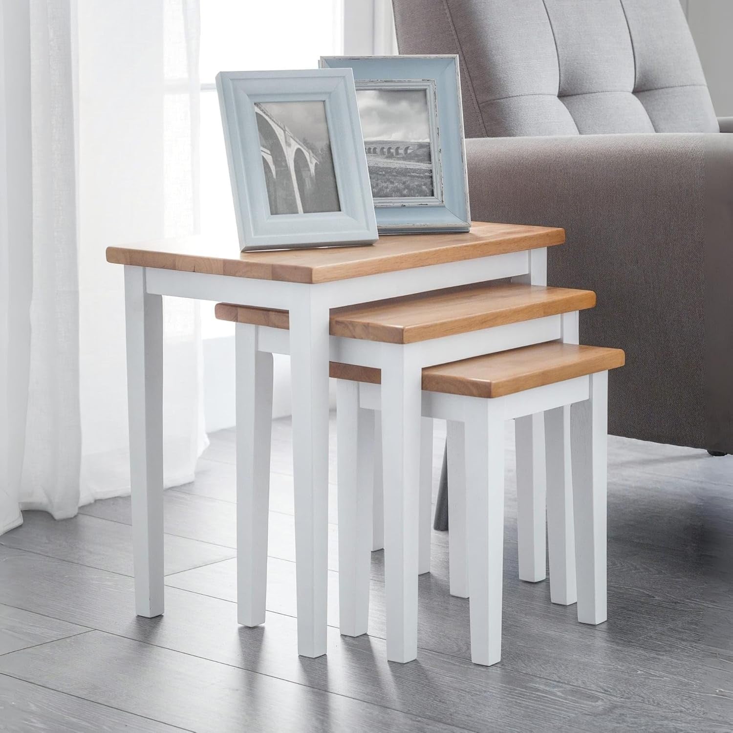 Nest of 3 End Tables Wood Modern Side Table White Light Oak Already Assembled