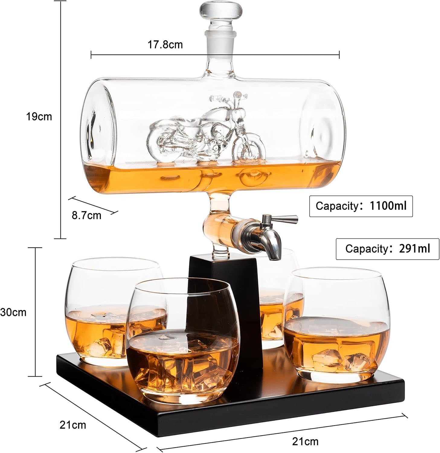 Motorcycle Whiskey Decanter Set 1100ml Tap Dispenser & 4 Glasses Gift Display