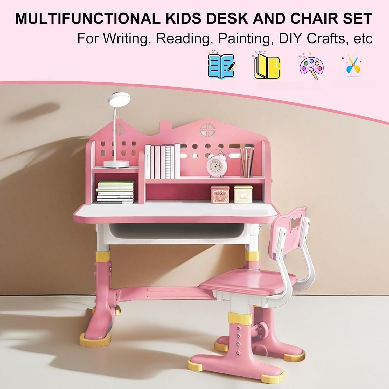 Adjustable Kids Desk & Chair Set with Drawer, Large Writing Surface Pink