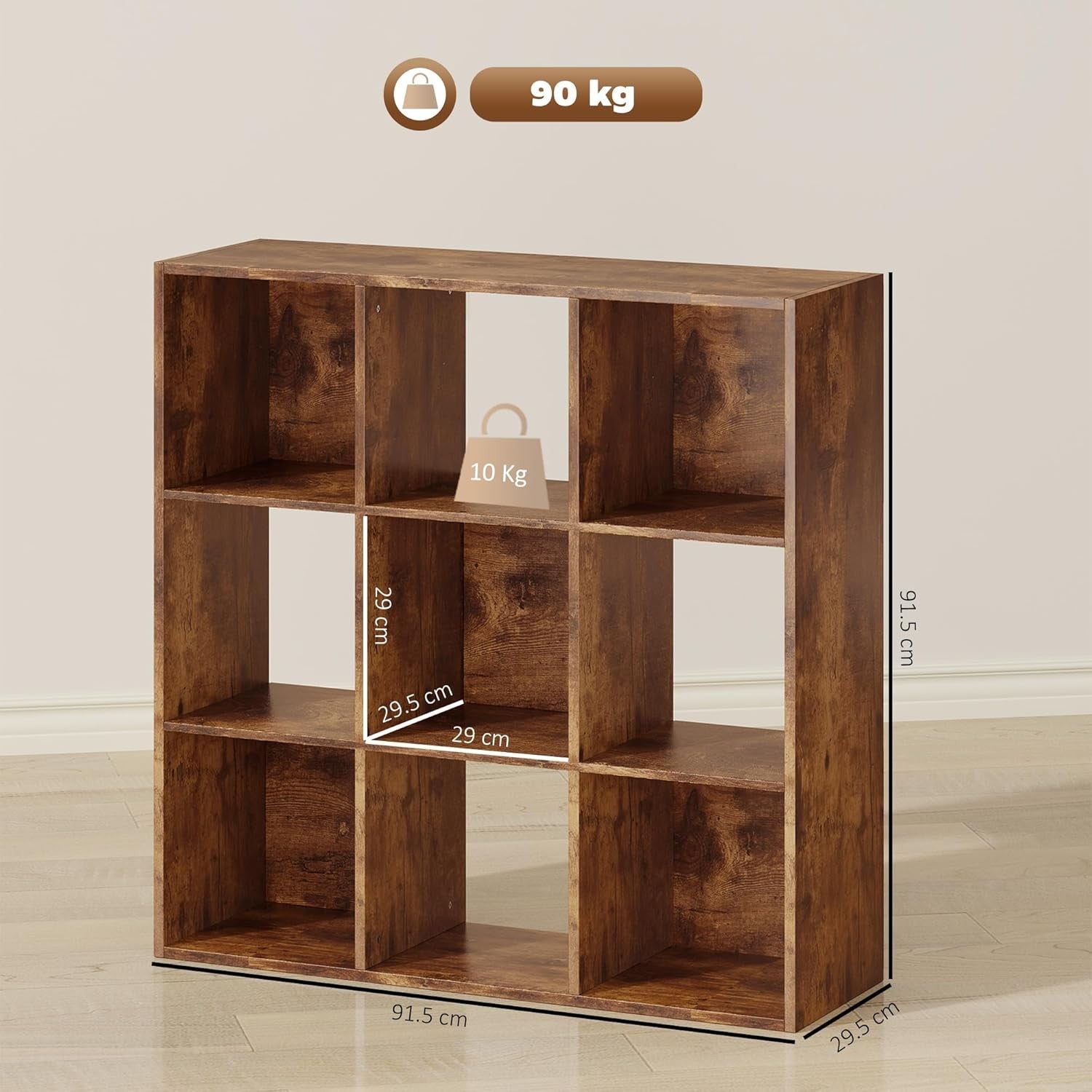 Rustic 9-Cube Bookcase Storage Unit Organiser Shelving for Home Office Living