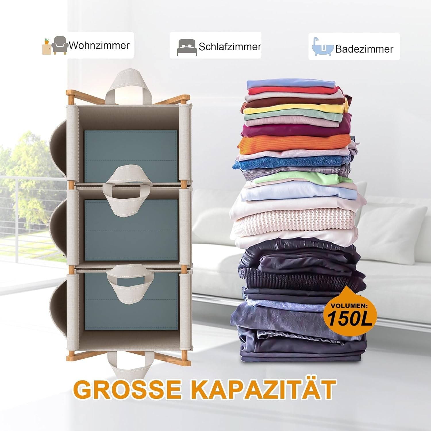 3 Compartment Bamboo Laundry Hamper 150L Foldable Sorting Basket with Lid