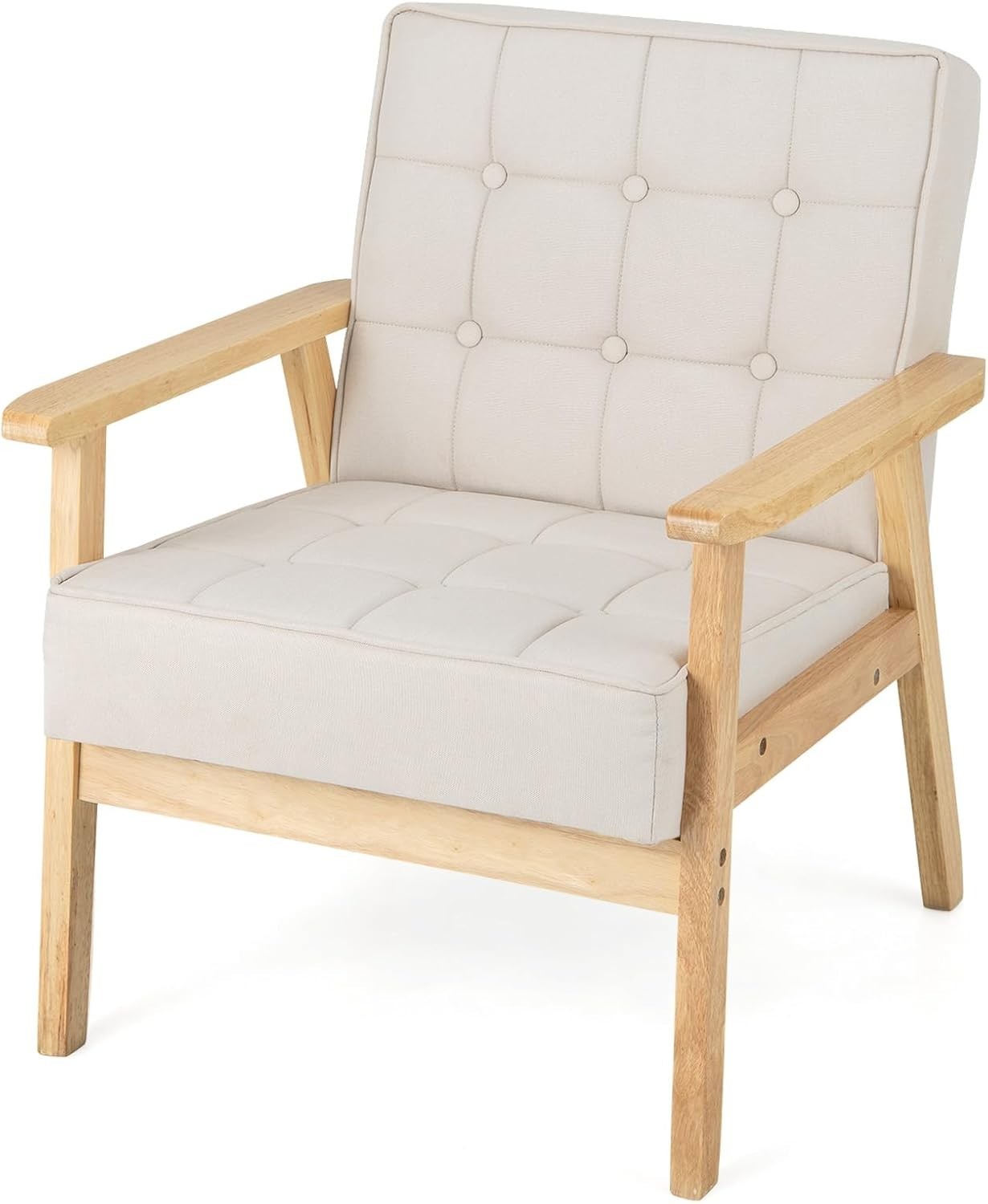 Beige Fabric Armchair Wooden Frame Tufted Lounge Chair Living Room
