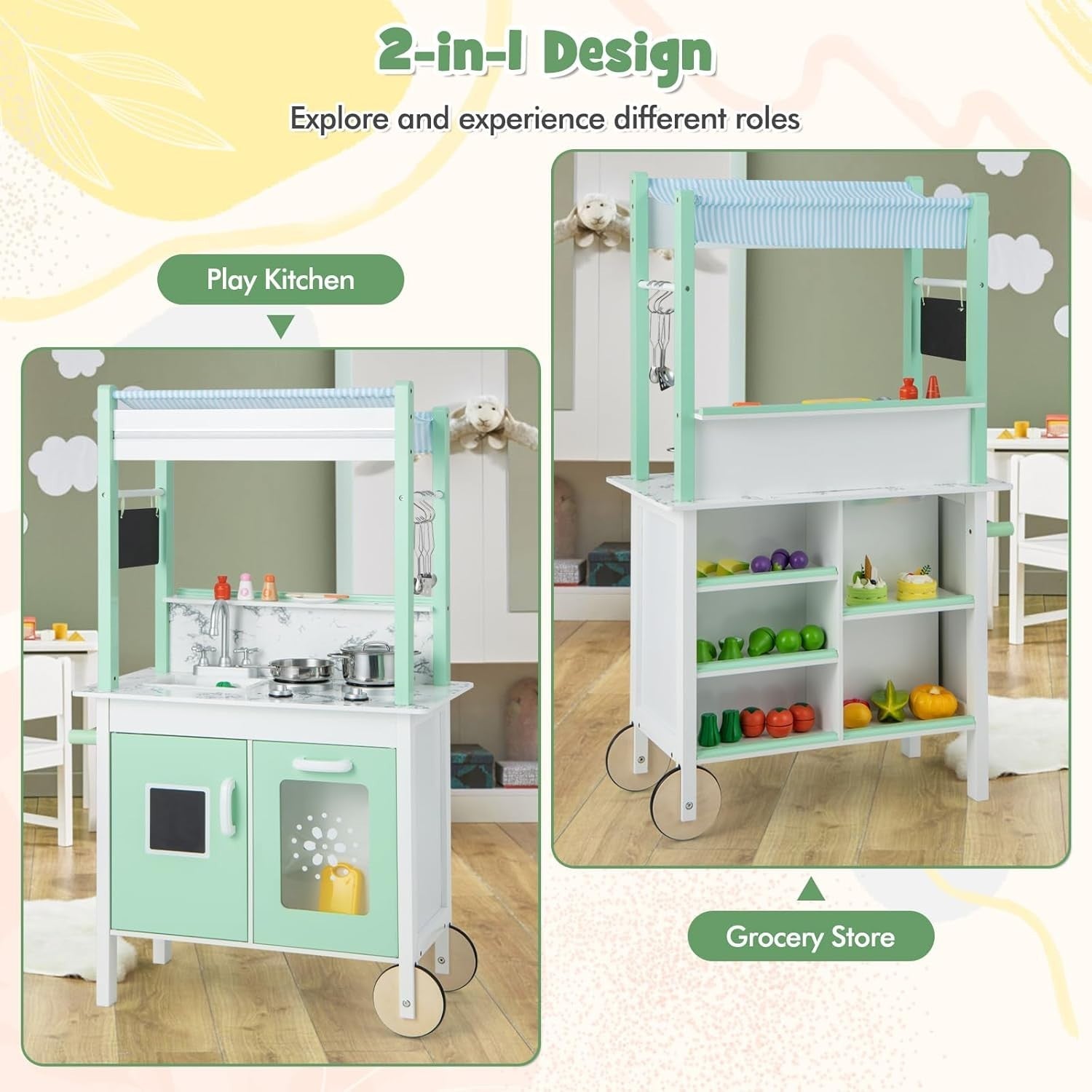 Kids Play Kitchen Grocery Store LED Lights Double Sided Toy Set