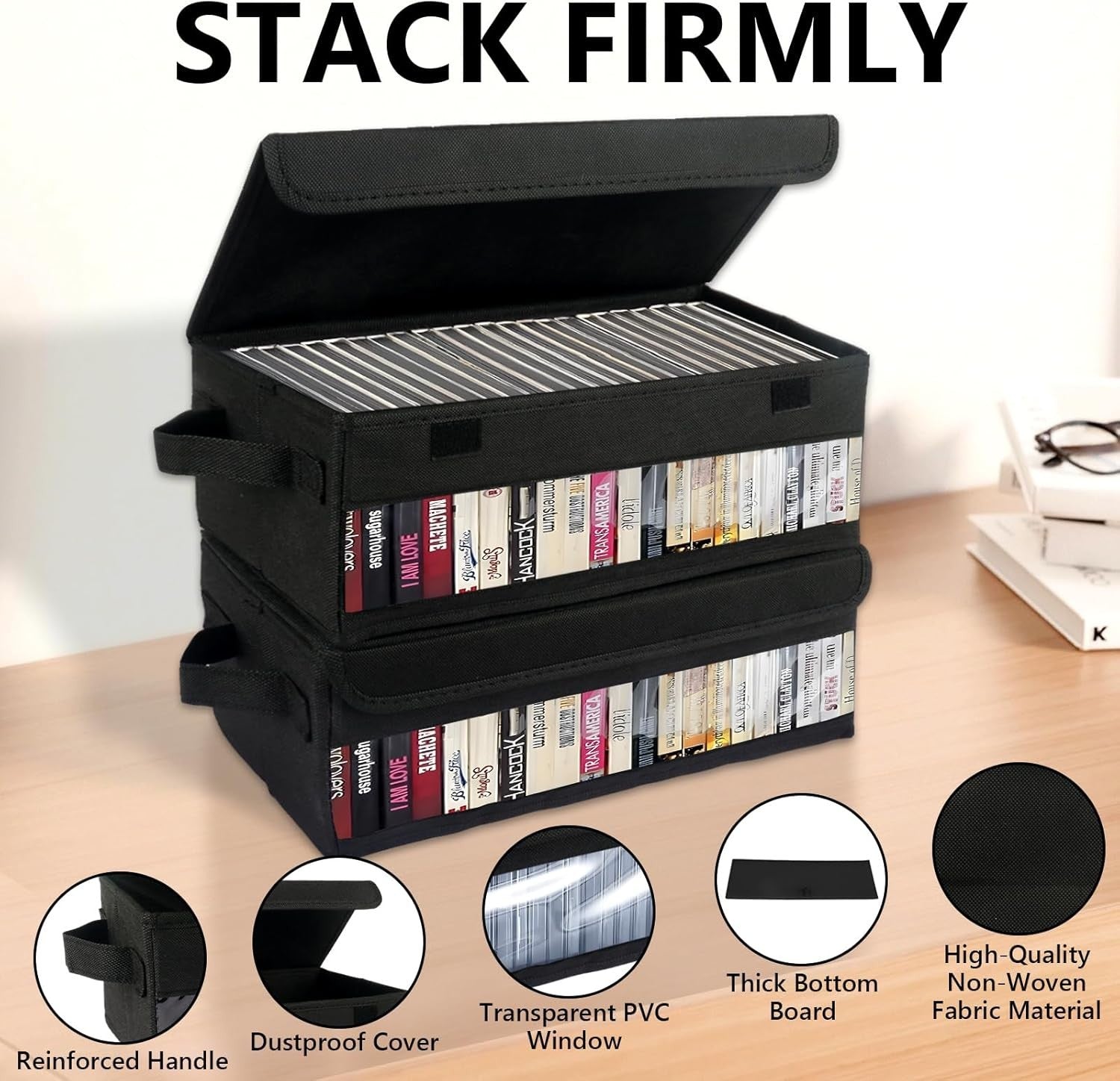 4 Pack CD Storage Boxes with Lids Stackable Organizer Holds 120 CDs