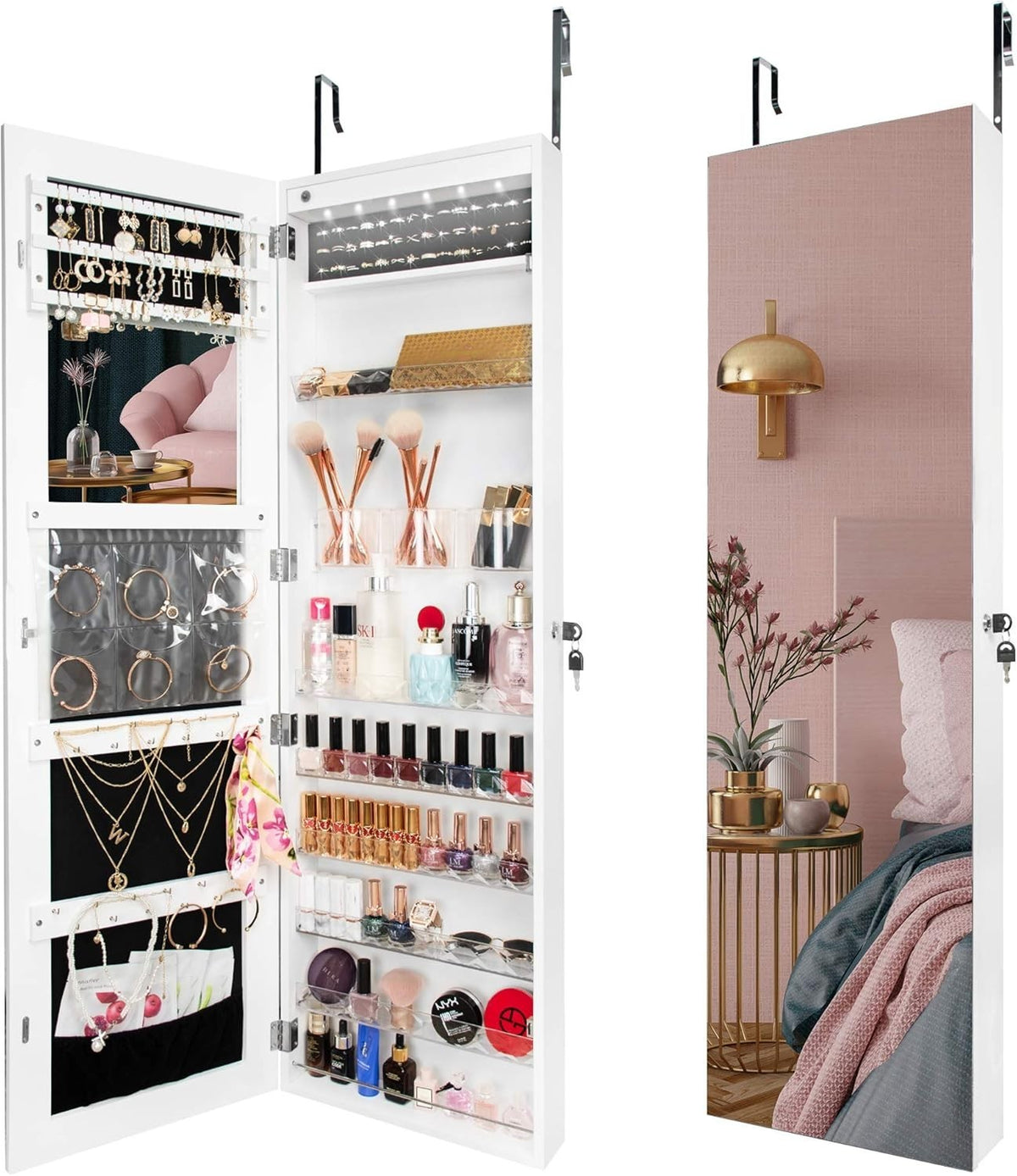 Wall Mounted Jewelry Cabinet LED Mirror Lockable Makeup Organizer
