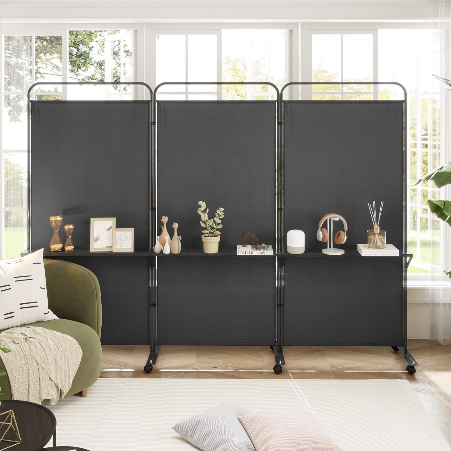 3 Panel Black Folding Room Divider with Shelves & Wheels Privacy Screen 188cm