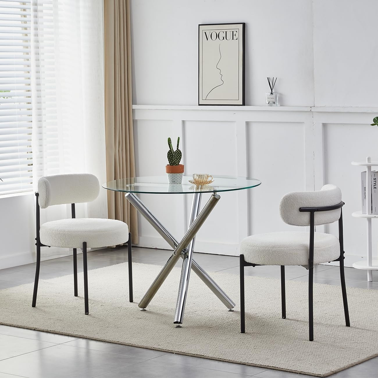 Round Glass Dining Table Set with 2 Beige Velvet Chairs – Modern Compact