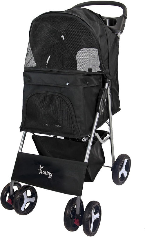 Pet Travel Stroller Dog Cat Pushchair Foldable Swivel Wheels 15kg Black