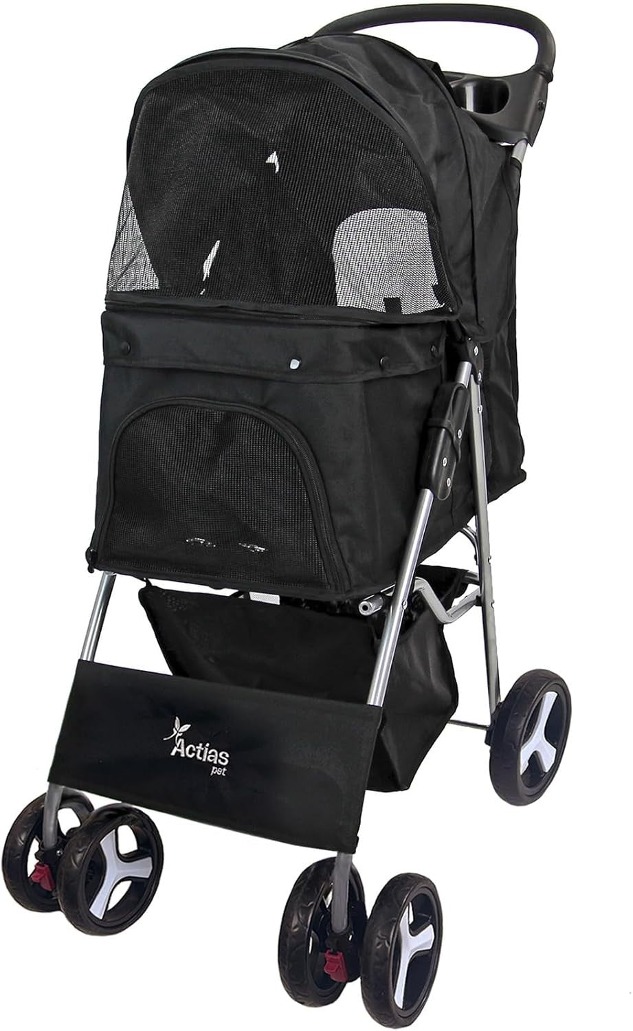 Pet Travel Stroller Dog Cat Pushchair Foldable Swivel Wheels 15kg Black