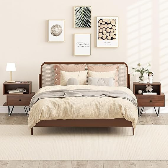 Modern Walnut Bedside Tables Set of 2, Wood Nightstands with Drawer & Shelf