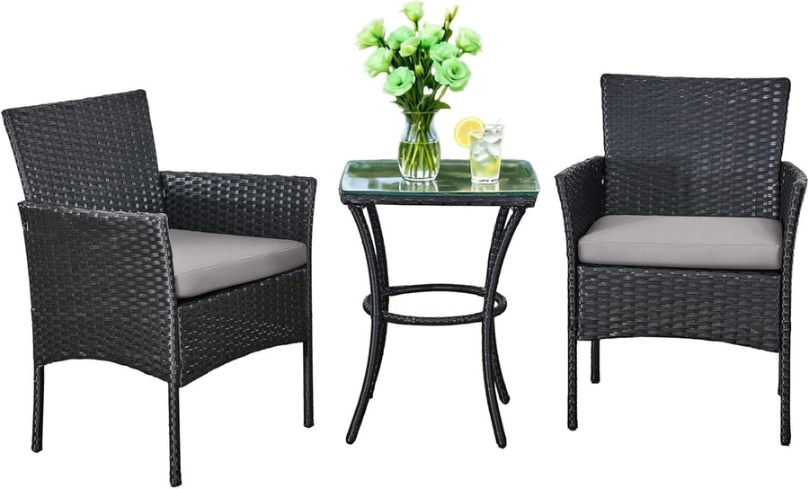 3pc Rattan Bistro Set Balcony Garden Chairs Glass Table Patio Outdoor Seating
