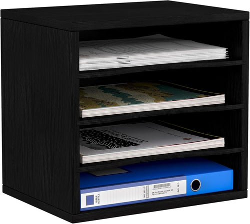 4 Tier A4 Desk File Organizer Wooden Paper Tray Magazine Rack Black
