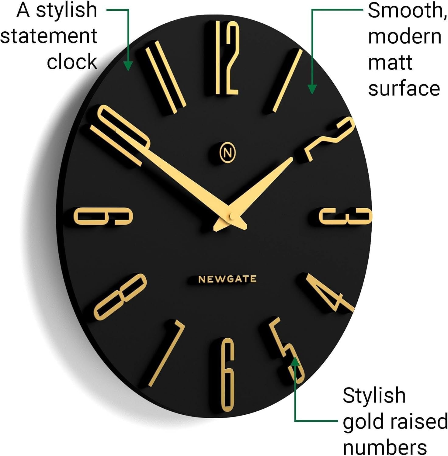 Modern Black Gold Wall Clock 40cm Silent Non-Ticking Retro Decor