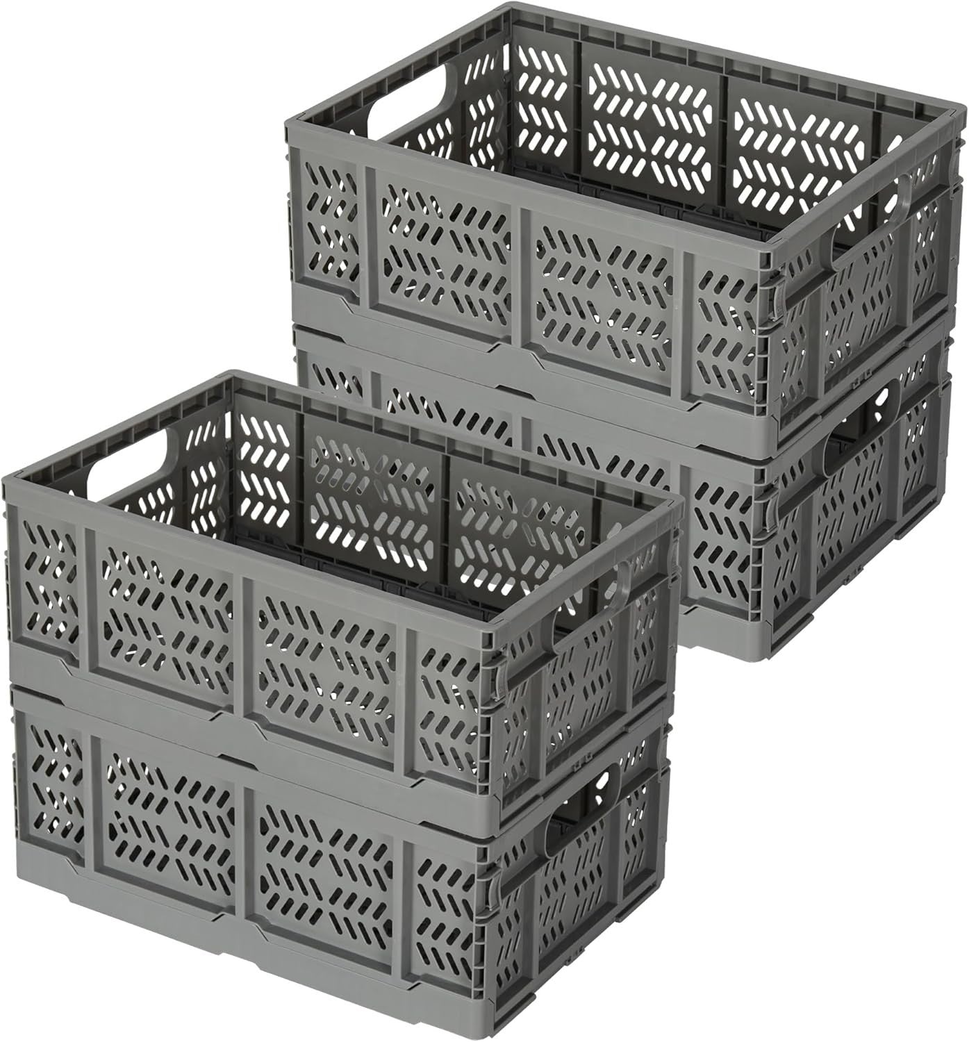 4x 20L Folding Storage Crates Collapsible Plastic Stackable Bins Grey