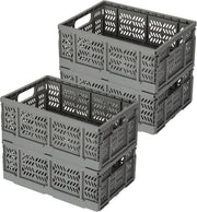 4x 20L Folding Storage Crates Collapsible Plastic Stackable Bins Grey