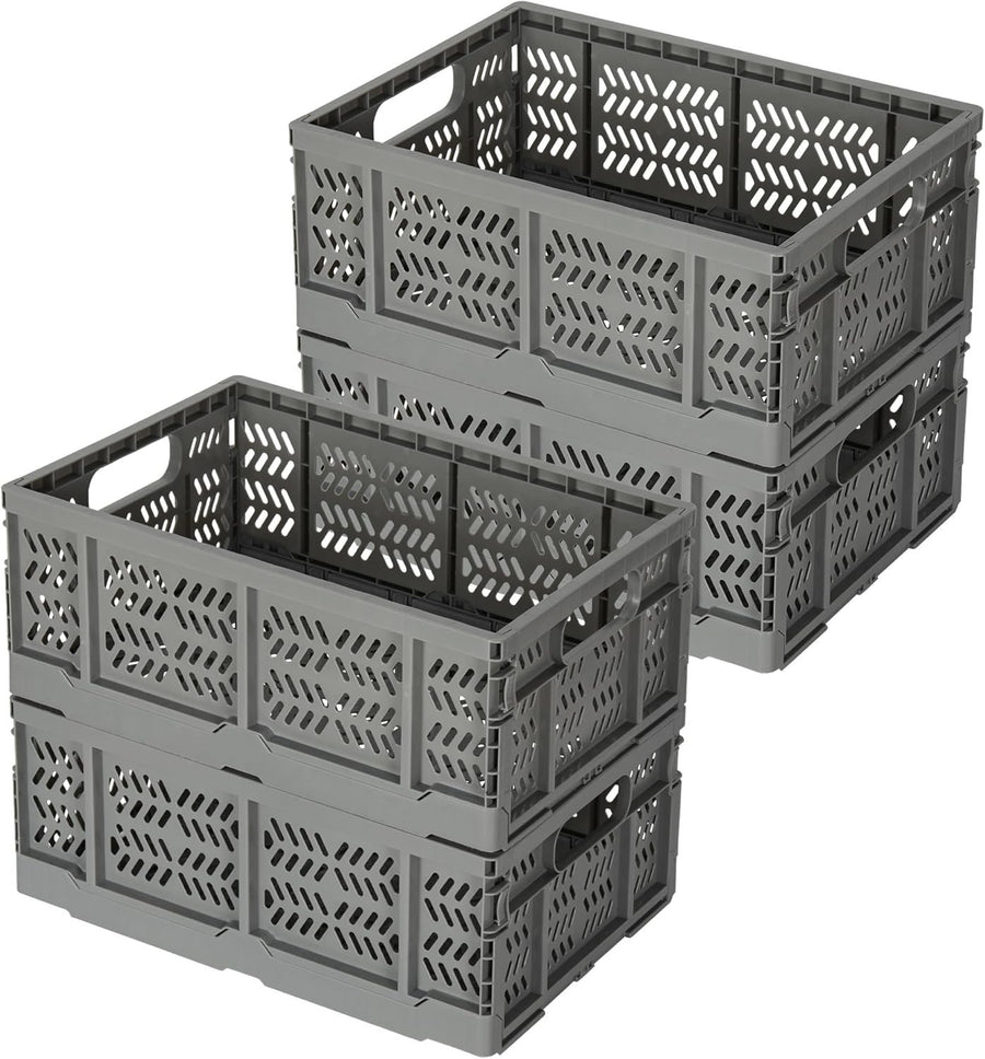 4x 20L Folding Storage Crates Collapsible Plastic Stackable Bins Grey