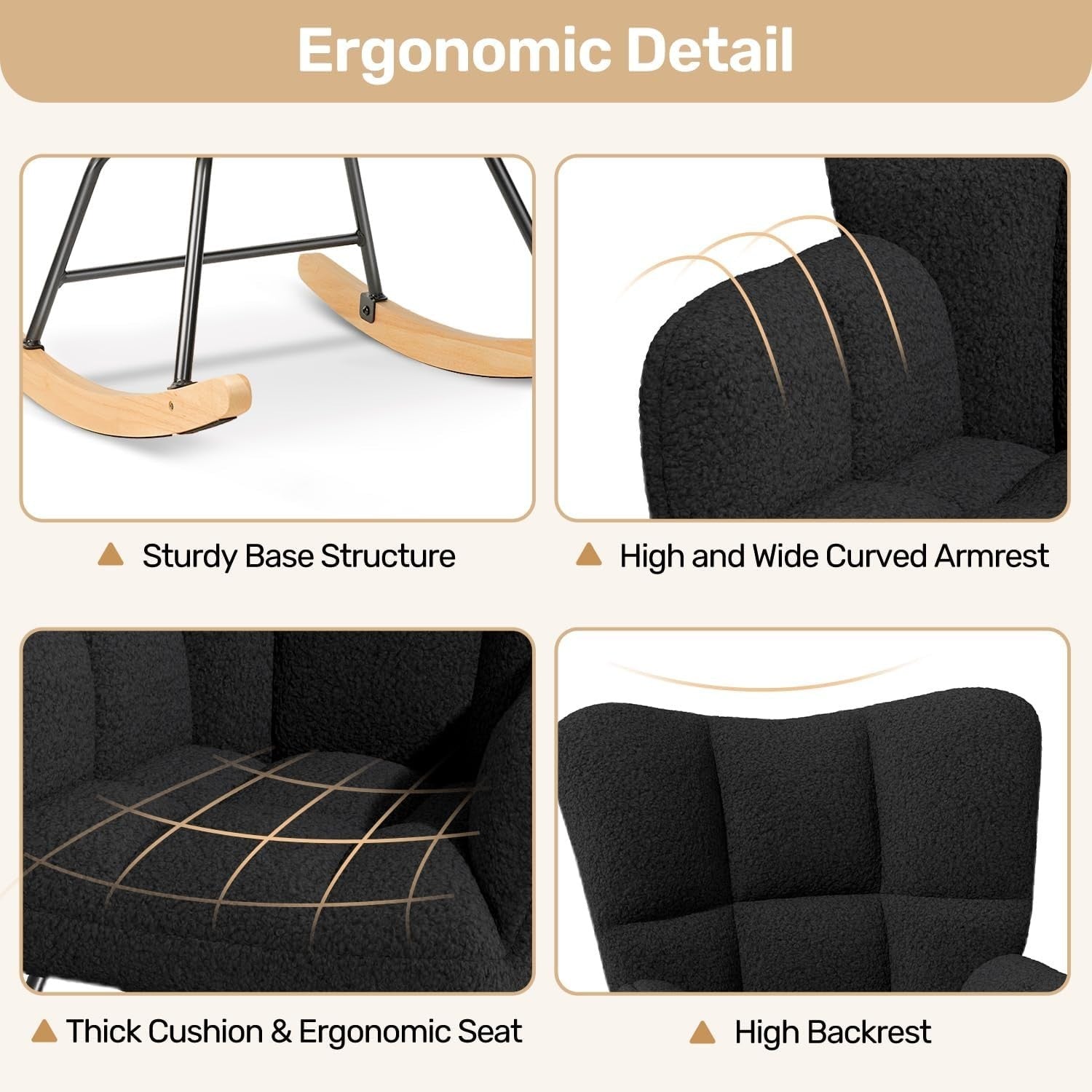 Comfy Tufted Rocking Chair High Back Memory Foam Load 136kg Living Room