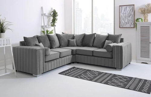 Grey Velvet Corner Sofa 5 Seater L Shape Couch 2C2 Chrome Legs Modular