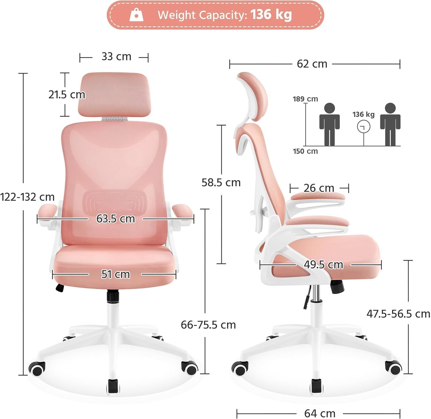Ergonomic Mesh Office Gaming Chair Adjustable Lumbar Headrest White/Pink