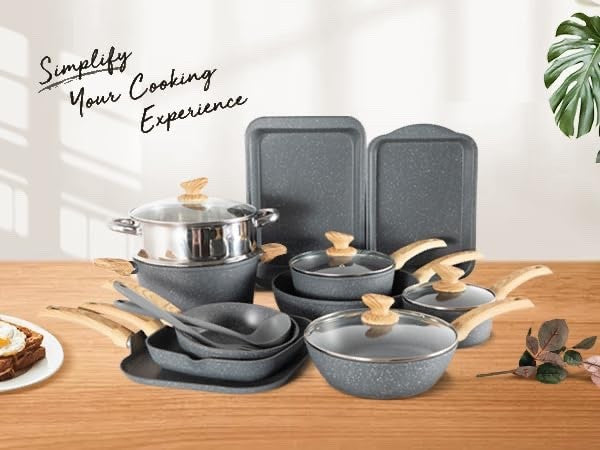 17pcs Granite Non-Stick Cookware Set Induction Pots & Pans with Lids Grey