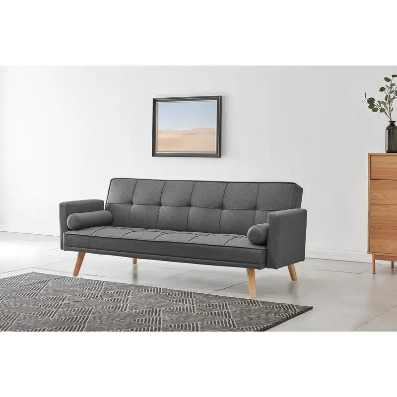 Charcoal Linen Clic Clac Sofa Bed 3 Seater Tufted Cushions & Bolster Pillows