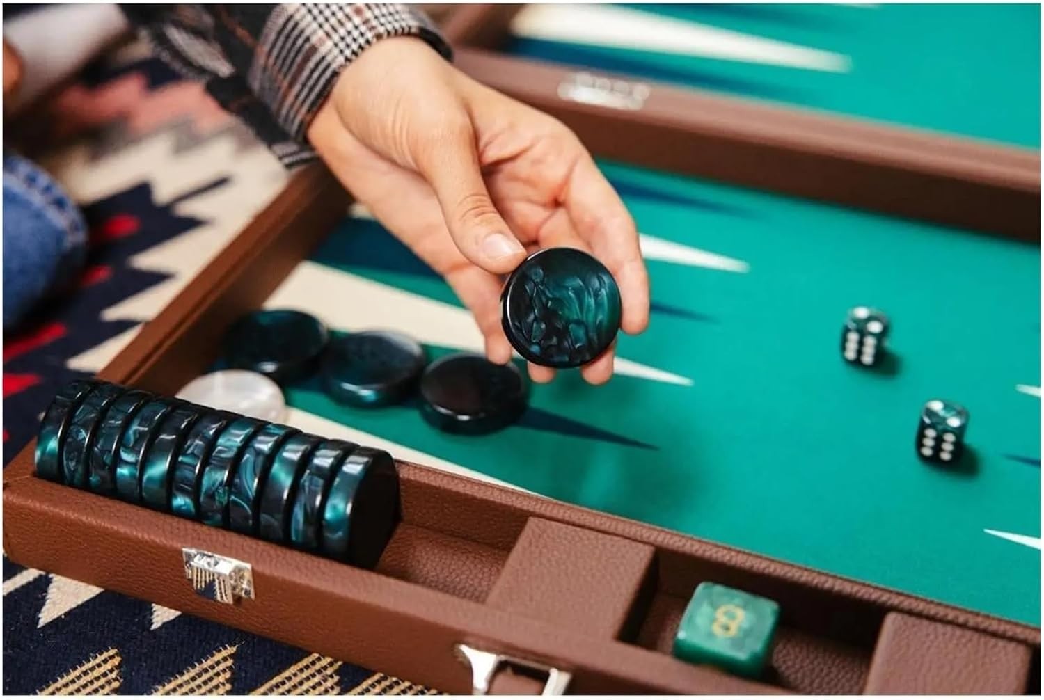 Luxury Leather Backgammon Set 19 Inch Travel Case Dice Checkers Game